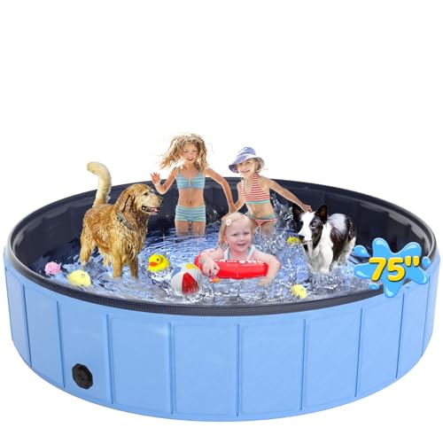 Large Foldable Dog Pool 75”x16”, EPN Heavy Duty Hard PVC Collapsible Dog Pool for Large Dogs and Kids, Leakproof Non-Slip Pet Wading & Bathing Tub with Drain, for Indoor & Outdoor Use