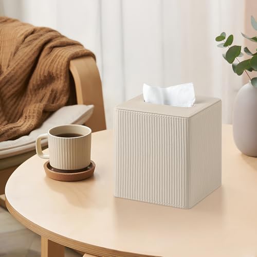Tissue Box Cover Square with Magnetic Closure, PU Leather Tissue Box Holder for Bathroom NightStands Livingroom, Decorative Modern Square Tissue Holder (Beige)