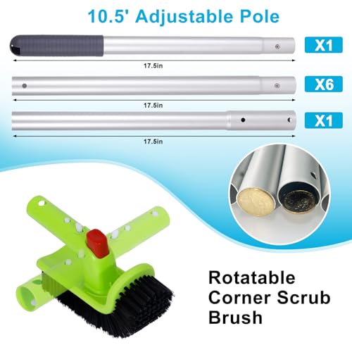 Sepetrel Deluxe Swimming Pool Cleaning Kit with 10.5" Aluminum Pole, Professional Pool Maintenance Set with Leaf Skimmer Net, 17.5" Pool Brush Head & Hand Scrub Brush for Inground & Above Ground Pools