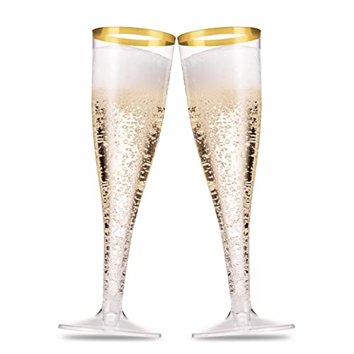 Munfix 100 Pack Gold Plastic Champagne Flutes, 5 Oz Clear Plastic Toasting Glasses Fancy Disposable Wedding Party Cocktail Cups with Gold Rim