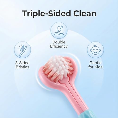 Toddler Toothbrush 4 Pack, Ultra Soft Bristles Kids Toothbrush for Ages 3-12 Years, 3-Sided Design with Tongue Scraper, Non-Slip Handle,Colorful Oral Care Set for Boys & Girls. (4)