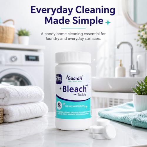 Bleach Tablets for Laundry & Household Cleaning – 40 Count Fast Dissolving Bleach Tabs for Washer, Toilet, Bathroom & Kitchen – Liquid Bleach Alternative – GuardH