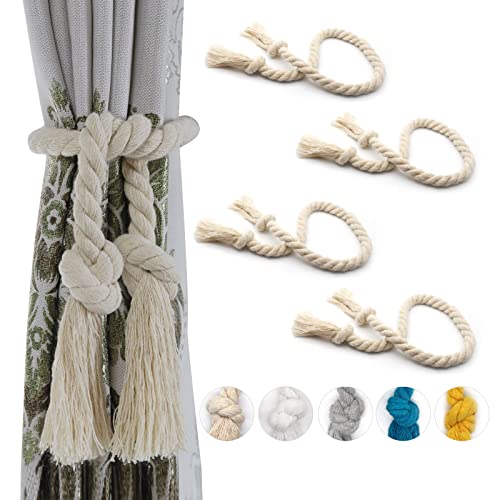 4 Pack Rope Curtain Tiebacks, Natural Cotton Curtain Holdbacks, Outdoor Curtain Tiebacks for Patio Gazebo Pergola Cabana, Decorative Curtain Tie for Rustic Farmhouse Village Theme, Beige