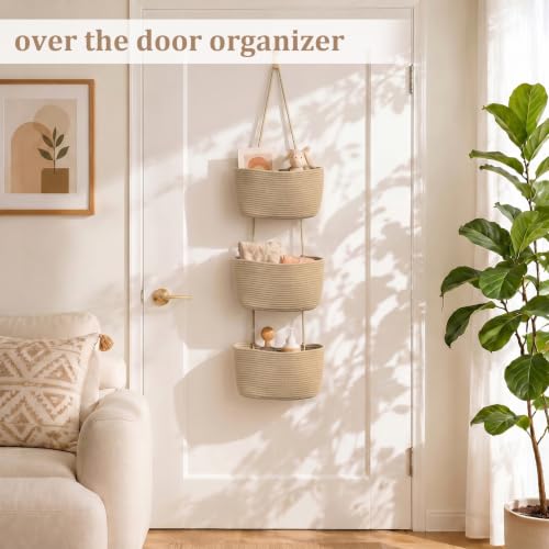 Over the Door Hanging Storage Basket 3 Tier Wall Organizer Jute Color