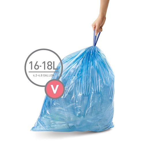 simplehuman Code V 60 Count Custom Fit Liners, Drawstring Kitchen Trash Bags, One-by-One Mess-Free Dispense, Extra Thick & Double Seamed, 50% PCR Plastic, 16-18 Liter / 4.2-4.8 Gallon, Blue
