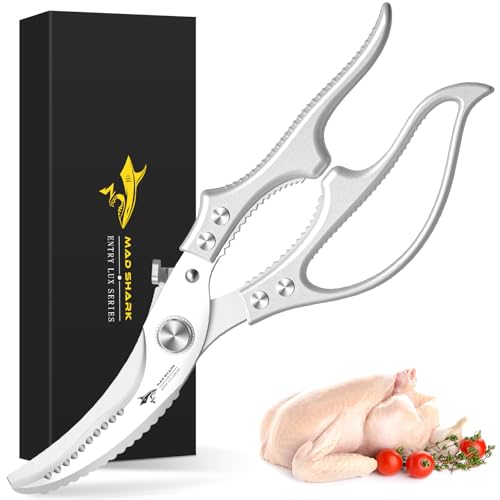 MAD SHARK Heavy Duty Poultry Shears, Kitchen Shears with Non-Slip Handle & Safety Lock, All Purpose Kitchen Scissors for Chicken, Meat Cutting, Turkey, Fish, Vegetables, Spring Loaded, Dishwasher Safe