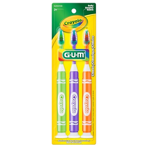 GUM Crayola Marker Kids Toothbrush, Soft-Bristle Toothbrush with Suction Cup Base for Ages 3+, 3 Count