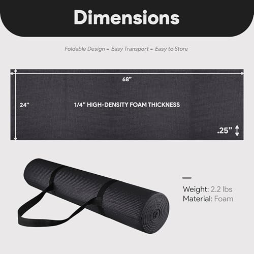 Fitvids All Purpose 1/4-Inch High Density Anti-Tear Exercise Yoga Mat with Carrying Strap, Multiple Colors