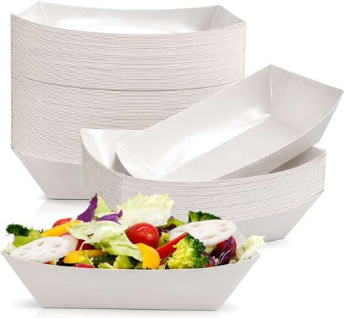 Oomcu 100 Pack 3 lb Heavy Duty Disposable Kraft White Paper Food Trays,Take Out Food Serving Boats Baskets Trays for Party Snacks French Fries Nachos Hot Dogs Tacos BBQ