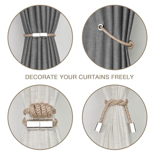 NICEEC 4 Pack Mini Magnetic Curtain Tiebacks Modern Simple Style Drape Tie Backs Elegant Hand Weave Rope Knot Decorative Curtain Holdbacks for Home & Office Window Drapery (Beige)