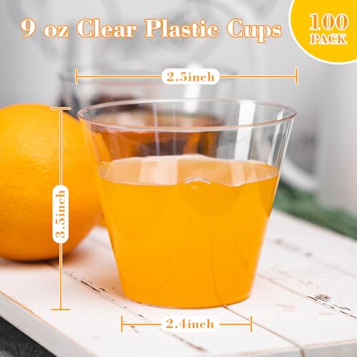 N9R 100PCS 9 oz Clear Plastic Cups for Cold Beverages, Disposable Plastic Cups Tumblers, Heavy Duty Cocktail Cups for Parties, Weedings, Events and Gatherings