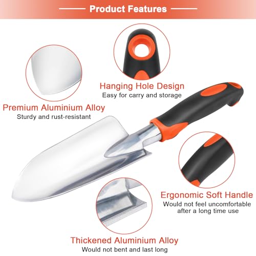 Garden Tools Set, 3 Pack Heavy Duty Gardening Tools Set Include Garden Shovel, Transplant Trowel and Hand Rake with Ergonomic Handle, Aluminum Alloy Lawn for Planting, Orange
