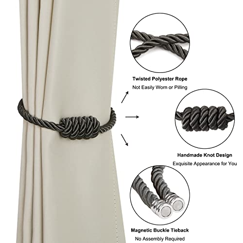 BEL AVENIR Magnetic Curtain Tiebacks, Decorative Drapery Holdbacks Modern Woven Tie-Backs with Exquisite Knot (Charcoal, 6 Pack)
