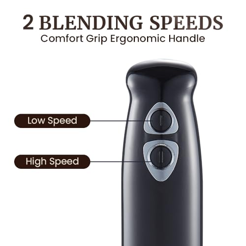 Elite Gourmet EHB1015 Immersion Hand Blender 500 Watts 2 Speed Mixing with Stainless Steel Blades, Detachable Wand Stick Mixer, Smoothies, Baby Food, Soup, Black