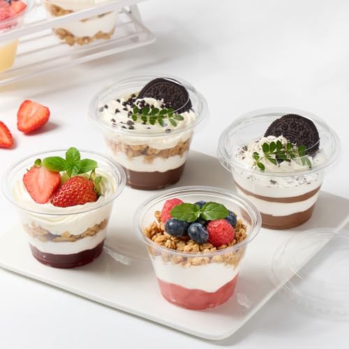 50 Pack 6 oz Plastic Dessert Cups with Lids, Small Plastic Yogurt Parfait Cups, Mini Round Party Serving Cup for Pudding, Fruit, Cake, Appetizer, Dessert Shot Glasses