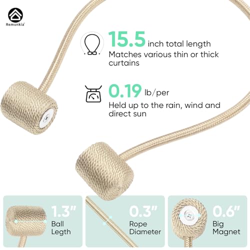 Remunkia Magnetic Curtain Tiebacks 4 Pack, Curtain Tie Backs Holder, Outdoor Curtains Tiebacks Window Treatment Holdbacks with Strong Magnet Modern Rope Tiebacks Decorative All Drape Curtains - Beige