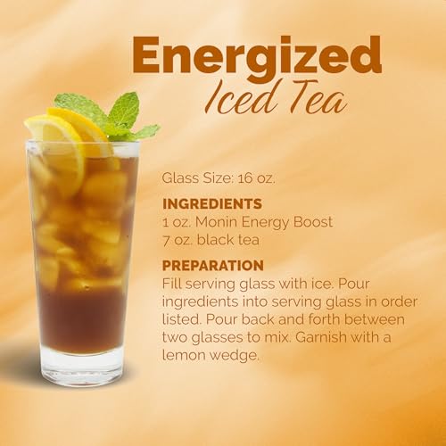 Monin - Energy Boost, Liquid Energy, Subtle Tea Flavor, Zero Added Sugar, Great for Coffee, Soda, & More, Low-Calorie, Contains Natural Caffeine, Gluten-Free, Clean Label (1 Liter + Pump)
