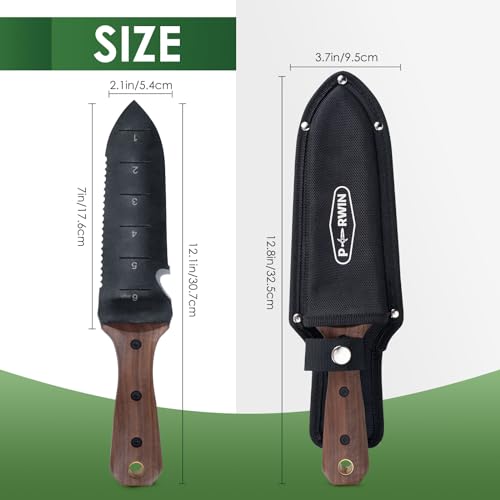 PERWIN Hori Hori Garden Knife, Garden Tools with Sheath for Weeding, Planting, Digging, 7" Stainless Steel Blade with Cutting Edge, Full-Tang Wood Handle with Hanging Hole