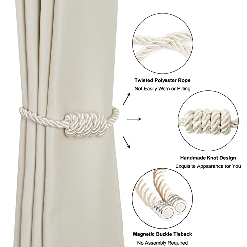 BEL AVENIR Magnetic Curtain Tiebacks, Decorative Drapery Holdbacks Modern Woven Tie-Backs with Exquisite Knot (Beige, 2 Pack)