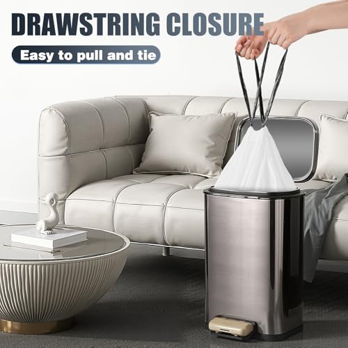Drawstring 8 Gallon Trash Bags - 100 Count Pre-separated Medium Trash Bags 8 Gallon, Unscented White 8 Gal Garbage Bags