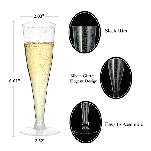Bestluck 100 Pack Champagne Flutes Plastic, 4.5 oz Silver Glitter Plastic Disposable Stemware, Disposable Champagne Flutes for Party, Mimosa Bar, Wedding, Anniversary and Graduation