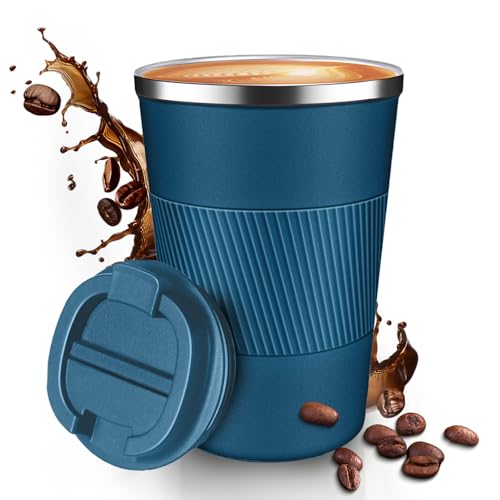 12OZ Travel Coffee Mug Insulated Coffee Cup with Spill Leak Proof Lid, Portable Stainless Steel Tumbler Reusable Hot and Cold Water Mug for Car, Daily, Camping- Blue