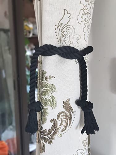 4 Pack Curtain Ties, Outdoor Curtain Tiebacks Rope for Patio Gazebo Pergola Cabana, Natural Cotton Curtain Holders, Village Rural Rustic Farmhouse Curtain Holdbacks for Drapery, Black