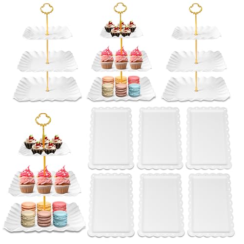 10 Pack Dessert Table Display Set - 4 x Three-Tier Square Cupcake Stands and 6 x Serving Trays, Elegant Tableware for Cakes, Cupcakes, Pastries, and Snacks, Perfect for Parties (White)