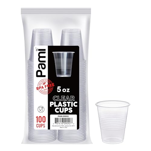 PAMI Disposable Plastic Cups, Bpa- Drinking Glasses for Parties, Cold Drinks, Smoothies, Jello, Cocktails (5 Oz - Pack of 100)