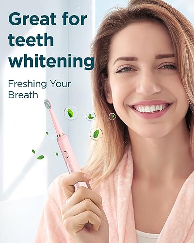 Rtauys M5 Sonic Electric Toothbrush for Adults and Kids - Rechargeable Electric Toothbrush Kids Ages 12+ and Adults with 8 Brush Heads & Travel Case, 120 Days Battery Life - Pink