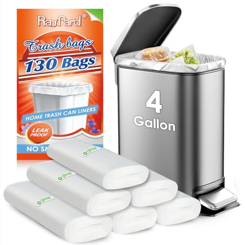 4 Gallon 130 Counts Strong Trash Bags Garbage Bags by RayPard, fit 12-15 Liter, 3,3.5,4.5 Gal trash Bin Liners for Home Office Kitchen Bathroom Bedroom, Clear