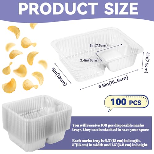 100 Pcs 12oz 6.5''x5'' Plastic Nacho Trays, Small Disposable Tray for Nachos & Cheese Dip, Clear Nacho Containers for Chip, 2 Compartment Movie Night Snack Trays Great for Snacks, Fair Foods