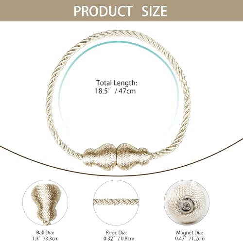 Magnetic Curtain Tiebacks Outdoor Curtain Tie Backs Rope Decorative Magnetic Curtain Holders for Drapes Window Treatment Holdbacks, Beige 2Pack