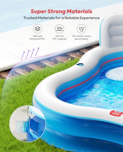 QPAU Inflatable Swimming Pool with 2 Seats and Backrests, 80" L x 80" W x 16.5" D Large Full-Sized Family Pools for Kids and Adults for Backyard, Garden, Outdoors, Clear Blue