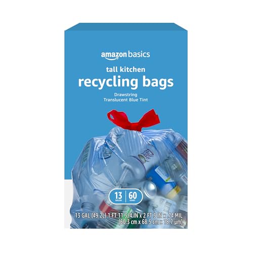 Basics Blue Recycling Drawstring Trash Bags, Tall Kitchen, Unscented, 13 Gallon, 60 Count