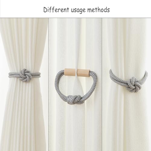 Magnetic Curtain Tiebacks Holdbacks - Wood Tie Backs Rope Holder with Floral Knot Design for No Drill Easy Install, Modern Boho Home Decor (2Pack, Beige)