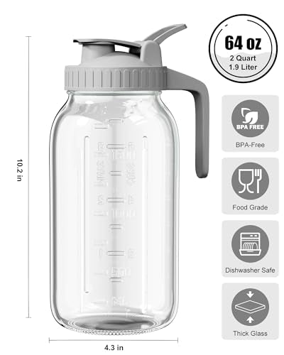 OneDream Glass Pitcher with Lid – 64oz Glass Mason Jar Pitcher with Wide Mouth, Airtight Seal, Leak-Proof, Spout Design – Ideal for Iced Tea, Sun Tea, Cold Beverages, and Home Entertaining