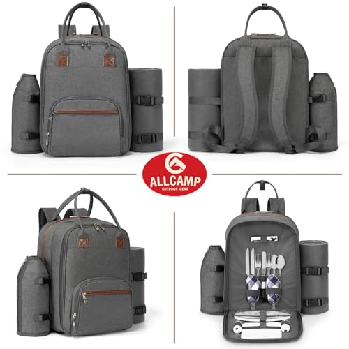 ALLCAMP Picnic Backpack - Insulated Cooler Bag with Compartment, Detachable Wine Glass Holder, Throw Blanket & Cutlery Set, 2 Person Picnic Set for Family Outings, Couple Gifts (Gray)