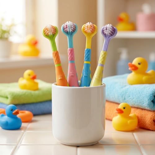 Toddler Toothbrush 4 Pack, Ultra Soft Bristles Kids Toothbrush for Ages 3-12 Years, 3-Sided Design with Tongue Scraper, Non-Slip Handle,Colorful Oral Care Set for Boys & Girls. (4)