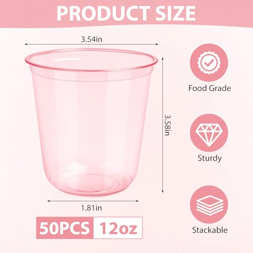 GGOLDMER 50 PCS Pink Plastic Cups - 12oz Disposable Stemless Wine Glasses, Clear Pink Cocktail Party Cups for Valentine's Day, Baby Shower, Wedding, Birthday Party