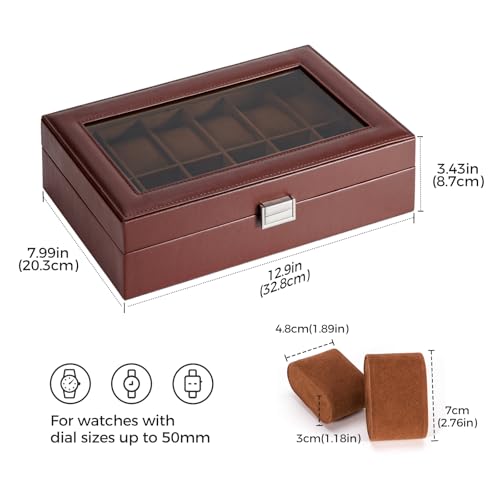 ProCase Watch Box Organizer, Fathers Day Gift for Dad, 12 Slot Watch Display Case With Glass Lid, Watch Storage Holder Mens Watch Case, Anniversary Birthday Gifts -12 Slot, Brown