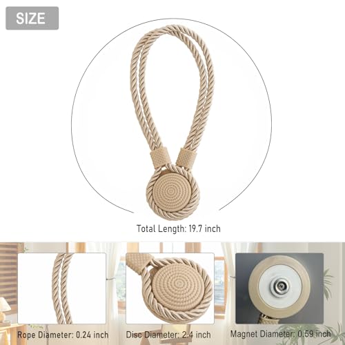 Curtain Tiebacks Magnetic Rope Curtain Tie Backs for Curtains 2 Pack Handmade Outdoor Window Curtain Holdbacks for Drapes, Beige