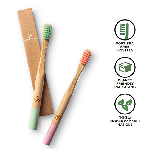 GREENZLA Kids Bamboo Toothbrushes, Natural Toothbrush Set, Soft Bristles, Durable Charcoal Wooden Brushes, Compostable Design for Toddlers and Children, 6 Pack
