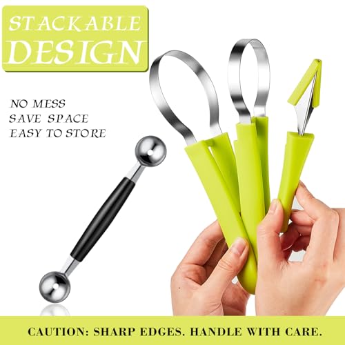 Patelai 2 Pcs Melon Baller Scoop Set 4 in 1 Stainless Steel Fruit Cutters Double Ended Headed Watermelon Scooper and Ice Cream Baller for Dig Pulp Separator Fruit Slicer