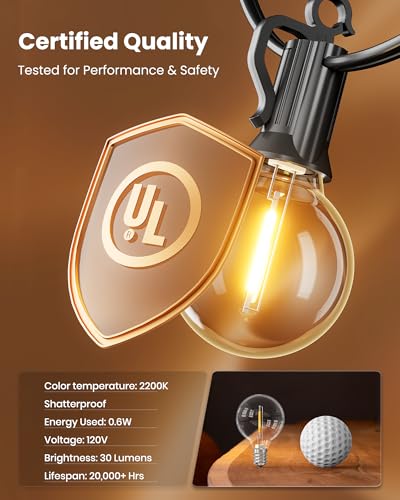 Brightown Outdoor String Lights 29 Feet G40 LED Patio Lights, Plug-in, 13 Plastic Edison Bulbs(1 Spare), Waterproof Connectable Hanging Light for Backyard Porch Balcony Party Decor, E12 Base, Black