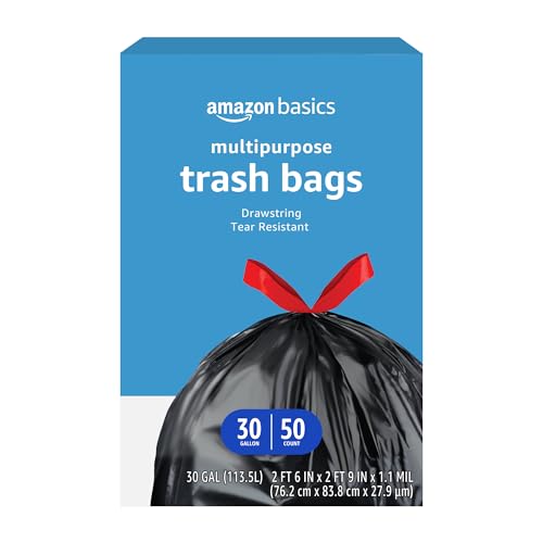 Basics Multipurpose Drawstring Trash Bags, 30 Gallon Capacity, Tear Resistant, 50 Count (Previously Solimo)