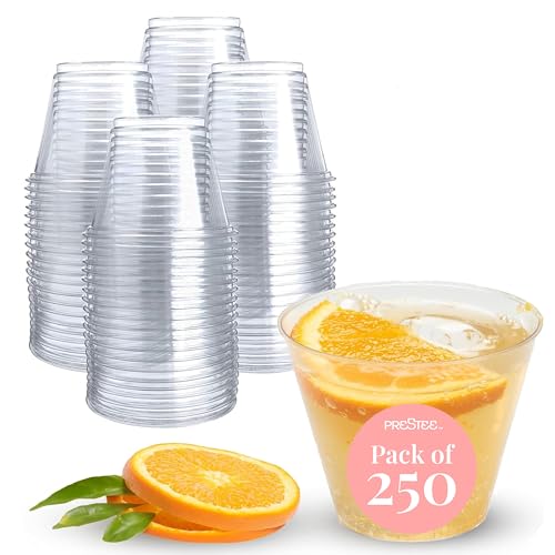 Prestee 250-Pack - 9oz Clear Plastic Cups - Durable Disposable Plastic Wine Glasses for Party, Weddings, and Catering - Small Drinking Glasses for Cocktails and Beverages - Heavy-Duty Fruit Punch Cups