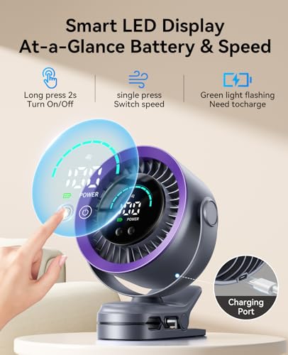 KIMMOO Portable Clip on Fan, 100-Speed Rechargeable USB Fan with LED Display, 360° Rotation & Strong Airflow Desk Fan, Up to 17 Hours Small Battery Fan for Outdoor Travel Camping Treadmill Car (Grey)