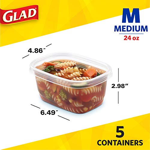 Glad GladWare Medium Rectangle Food Storage Containers with Lids, Airtight Leak-Resistant Plastic Containers for Soup Salad Meal Prep, Microwave Dishwasher Freezer Safe, 24 Oz, 5 Count