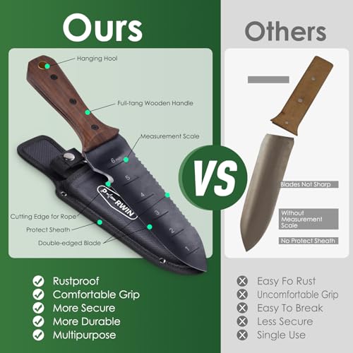 PERWIN Hori Hori Garden Knife, Garden Tools with Sheath for Weeding, Planting, Digging, 7" Stainless Steel Blade with Cutting Edge, Full-Tang Wood Handle with Hanging Hole